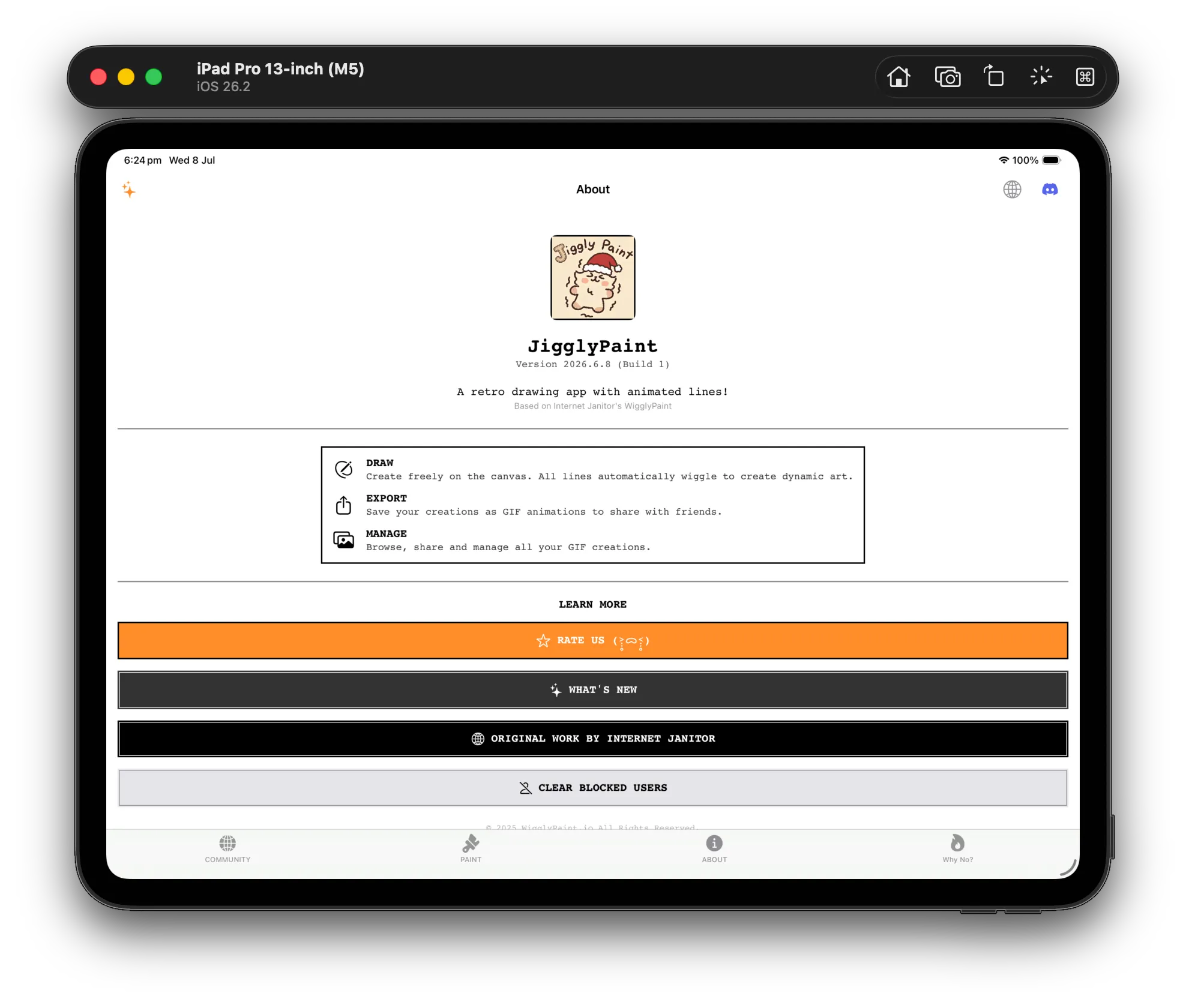 The app's About screen — the attribution is not just talk, it is right there in the app: "Based on Internet Janitor's WigglyPaint", with an "Original work by Internet Janitor" button.